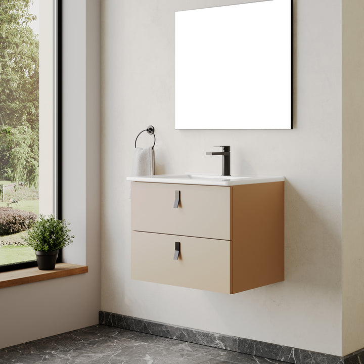 Invicta 600mm Wall Hung Vanity Unit with Matt Black Handles - Perla Ivory