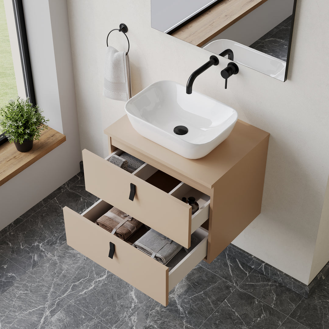 Invicta 600mm Wall Hung Vanity Unit with Matt Black Handles - Perla Ivory