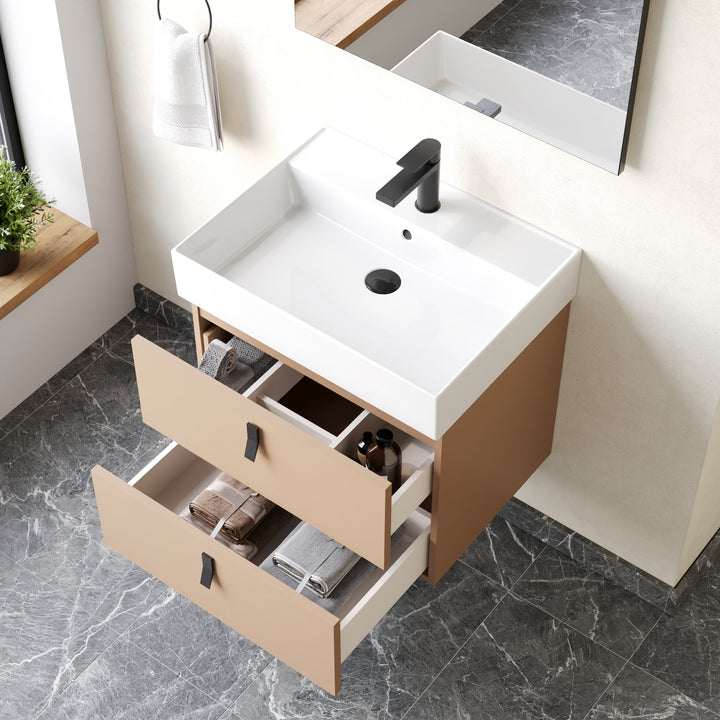 Invicta 600mm Wall Hung Vanity Unit with Matt Black Handles - Perla Ivory