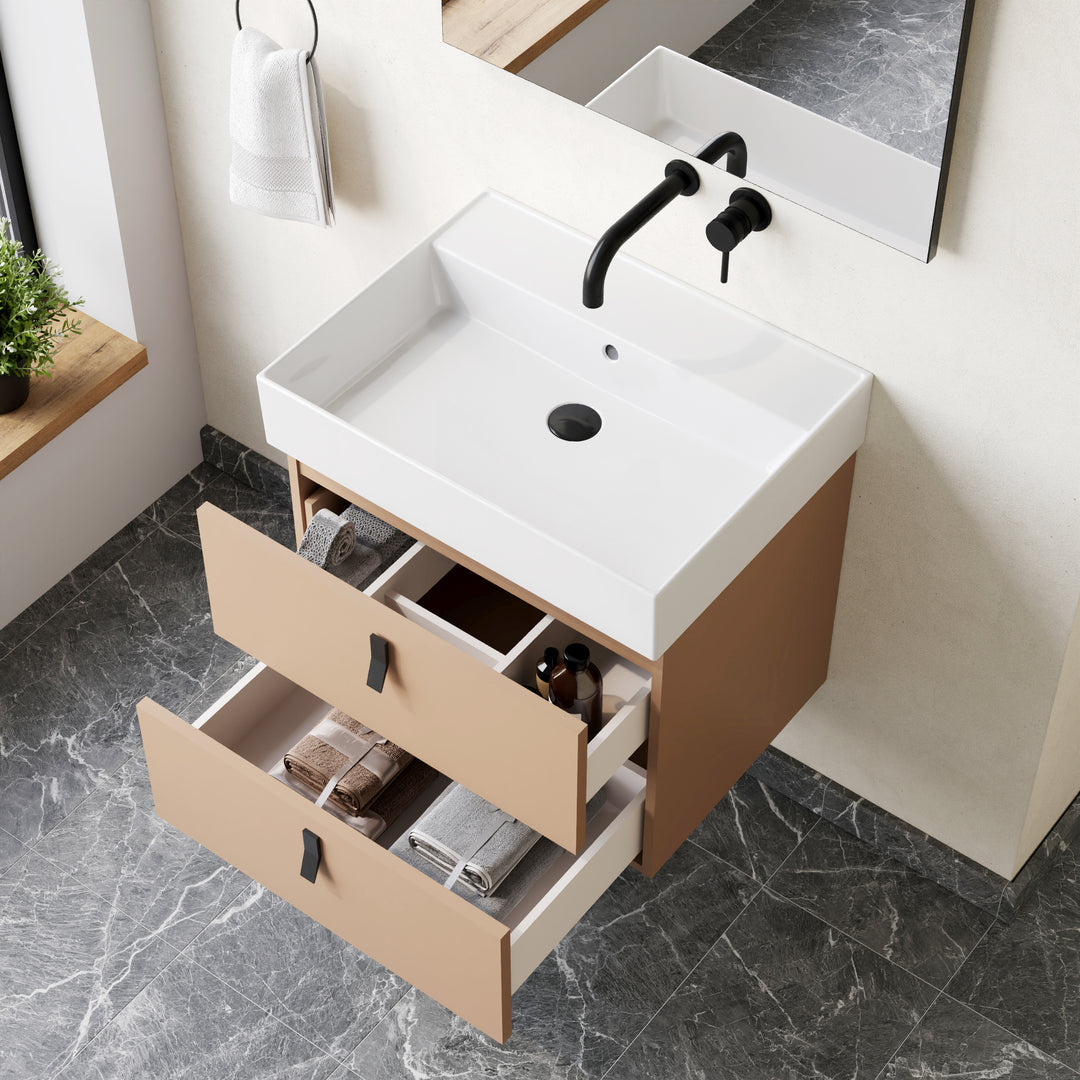 Invicta 600mm Wall Hung Vanity Unit with Matt Black Handles - Perla Ivory