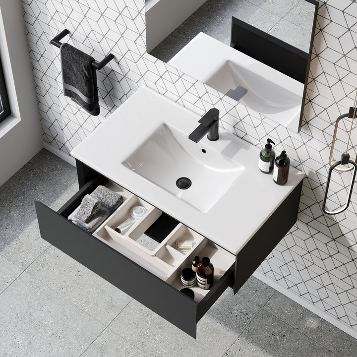 Kameo 800mm Wall Hung 1 Drawer Vanity Unit with Basin - Matt Black