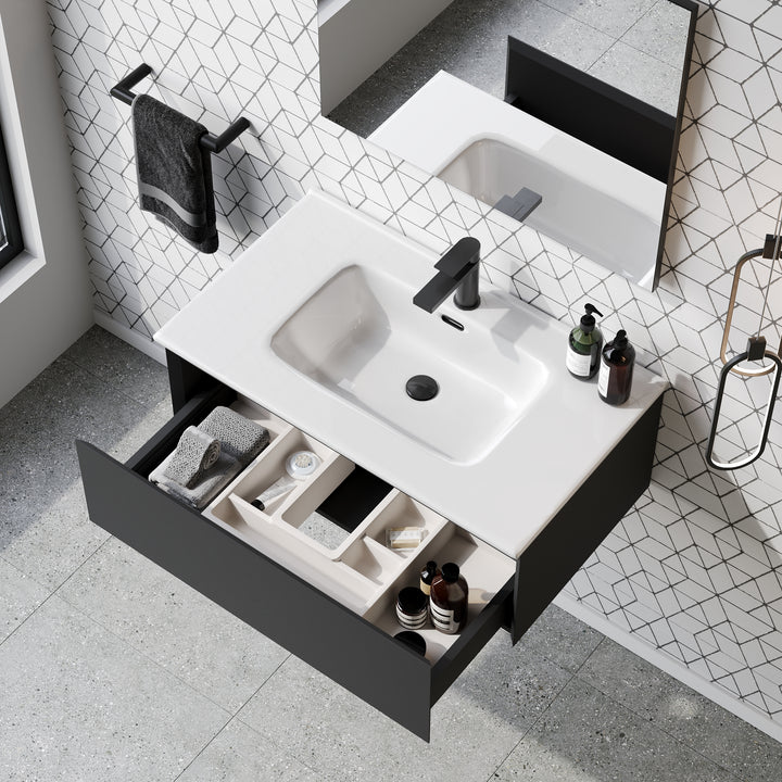 Kameo 800mm Wall Hung 1 Drawer Vanity Unit with Basin - Matt Black