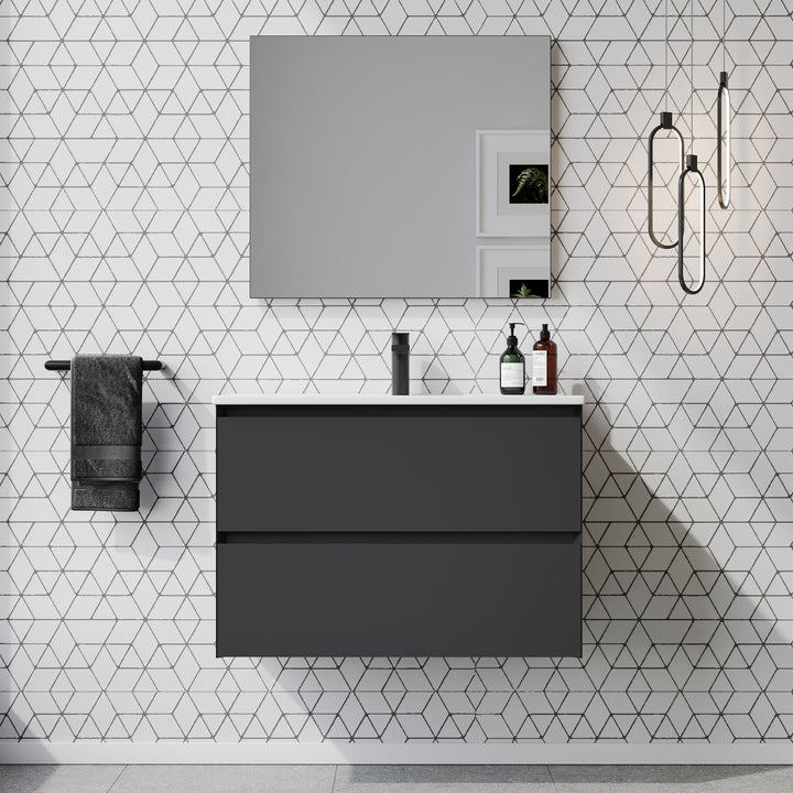 Kameo 800mm Wall Hung 2 Drawer Vanity Unit with Basin - Matt Black