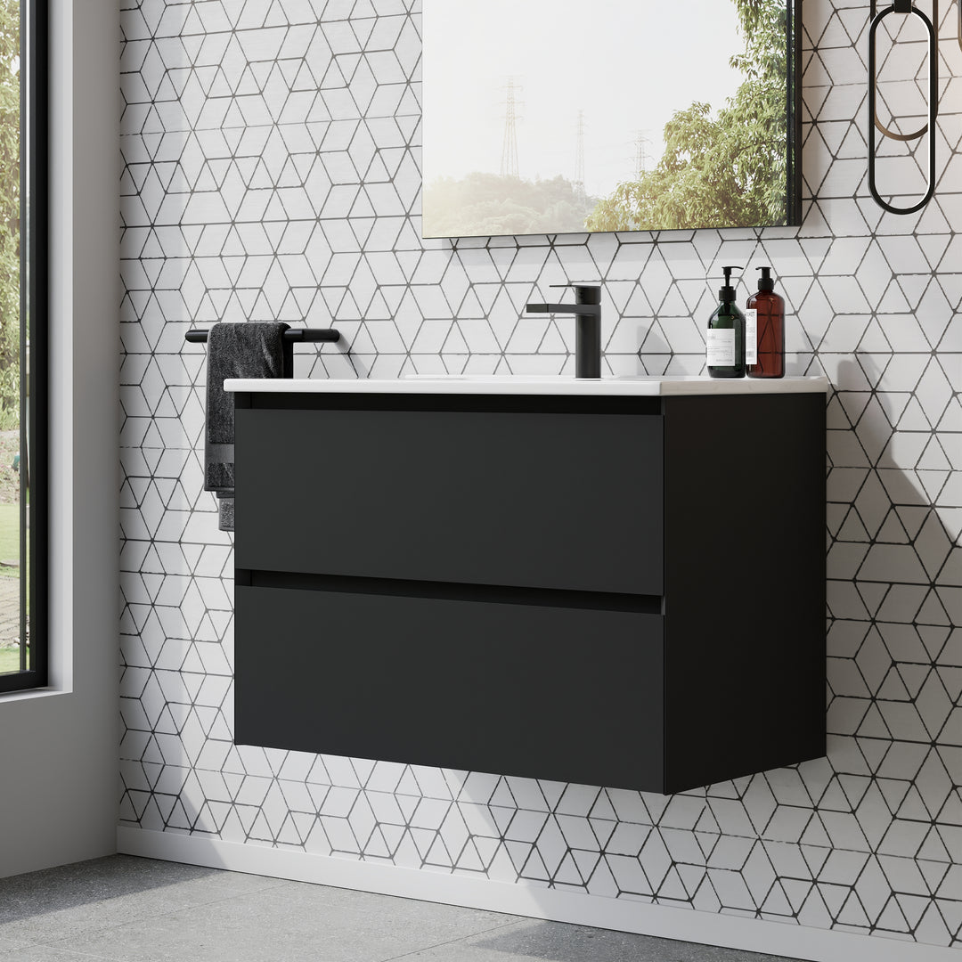 Kameo 800mm Wall Hung 2 Drawer Vanity Unit with Basin - Matt Black