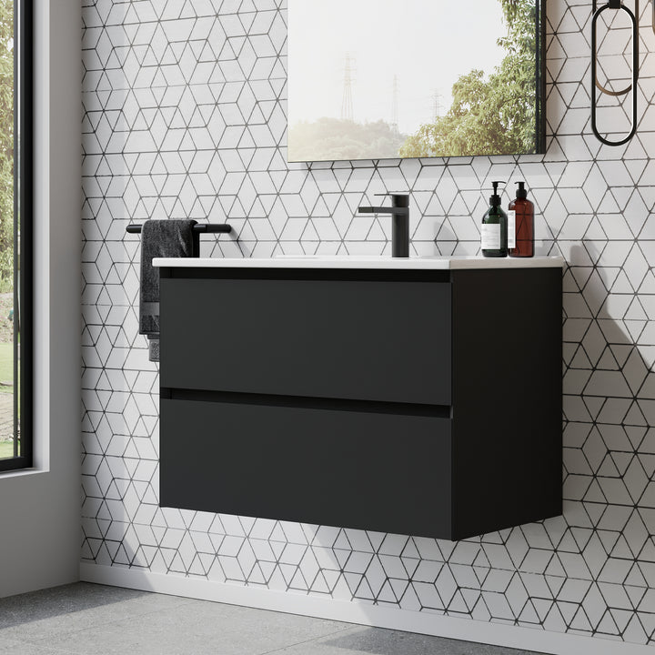 Kameo 800mm Wall Hung 2 Drawer Vanity Unit with Basin - Matt Black