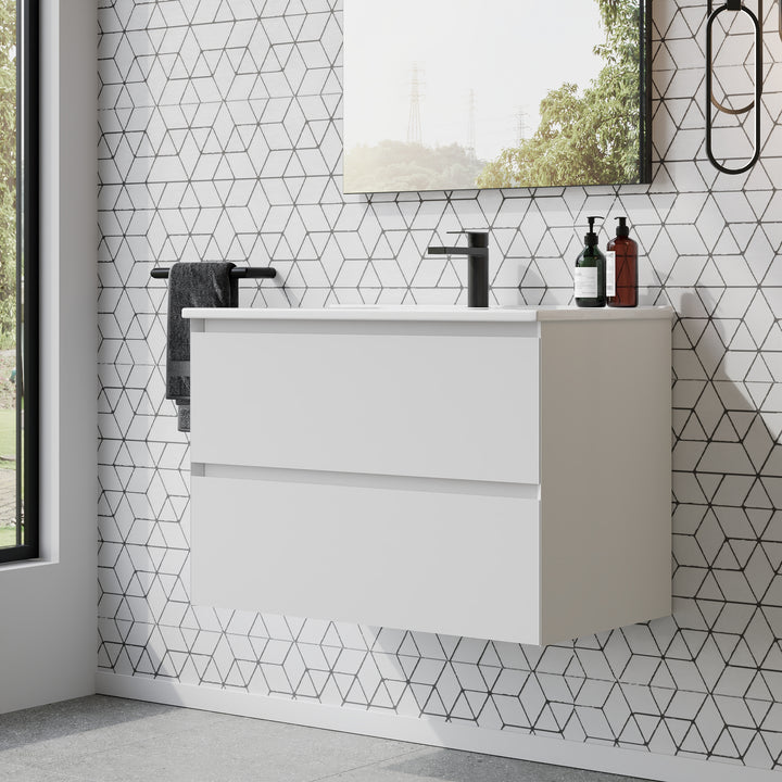 Kameo 800mm Wall Hung 2 Drawer Vanity Unit with Basin - Matt White