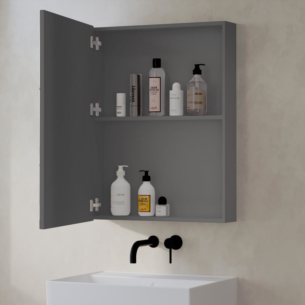 Side-angled view of grey Lavio mirror cabinet showing depth and frame detail