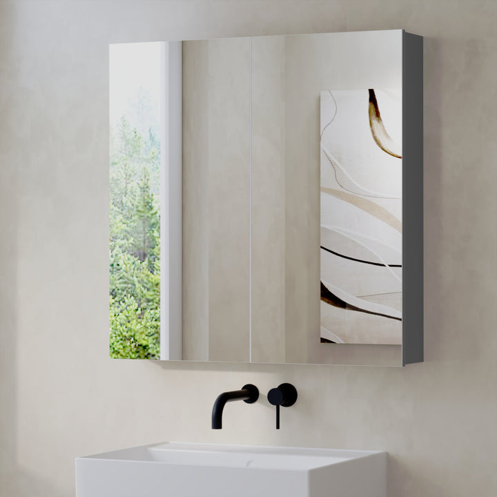 Front view of Lavio mirror cabinet in grey with mirrored face