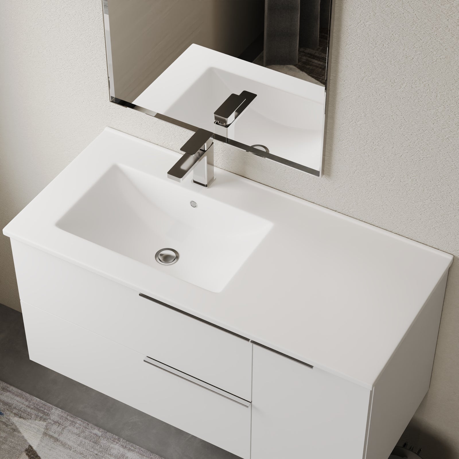 Side view of Lira 800mm offset sink showcasing sleek design