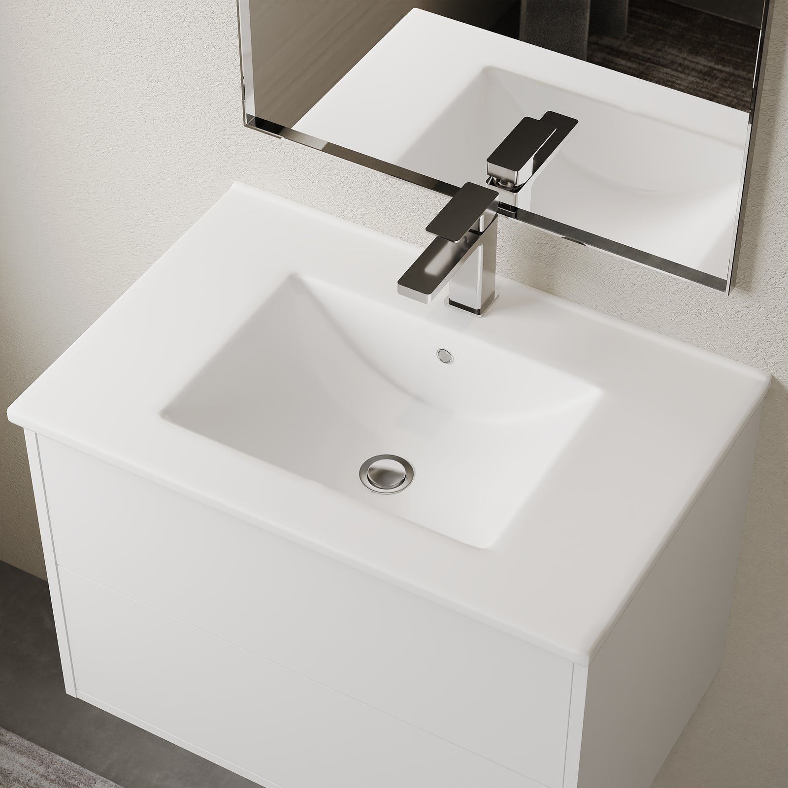 Side view of Lira 1 tap hole porcelain basin showcasing sleek modern design