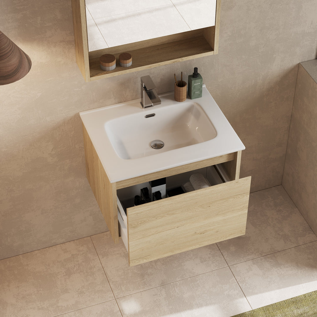 Mino 600mm 1 Drawer Wall Hung Vanity Unit – Natural Oak