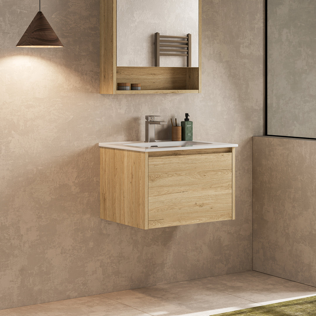 Mino 600mm 1 Drawer Wall Hung Vanity Unit – Natural Oak