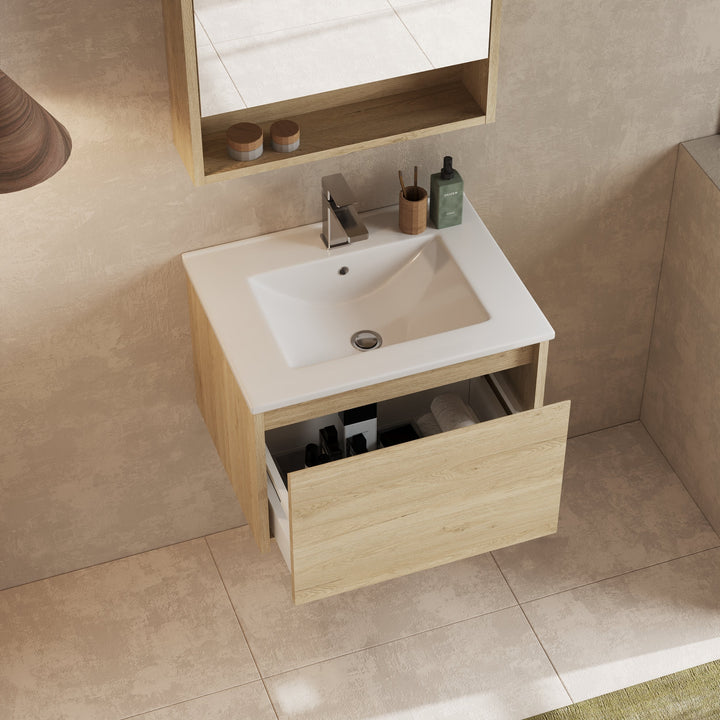Mino 600mm 1 Drawer Wall Hung Vanity Unit – Natural Oak