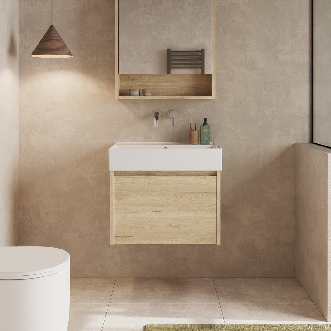 Mino 600mm 1 Drawer Wall Hung Vanity Unit – Natural Oak