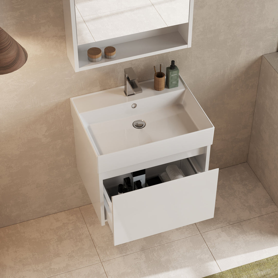 Mino 600mm 1 Drawer Wall Hung Vanity Unit – Gloss White