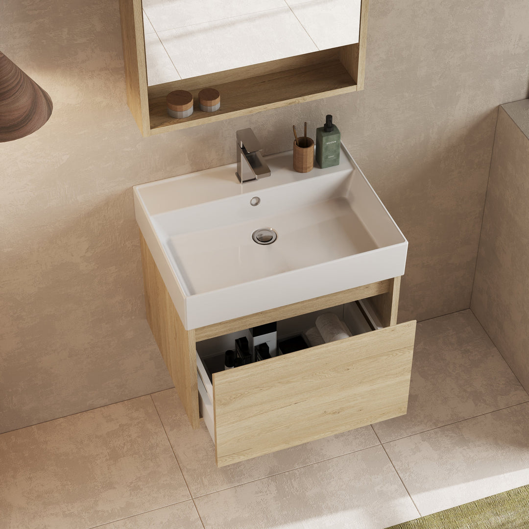 Mino 600mm 1 Drawer Wall Hung Vanity Unit – Natural Oak
