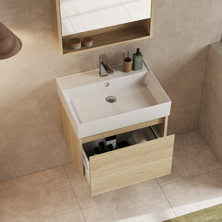 Mino 600mm 1 Drawer Wall Hung Vanity Unit – Natural Oak