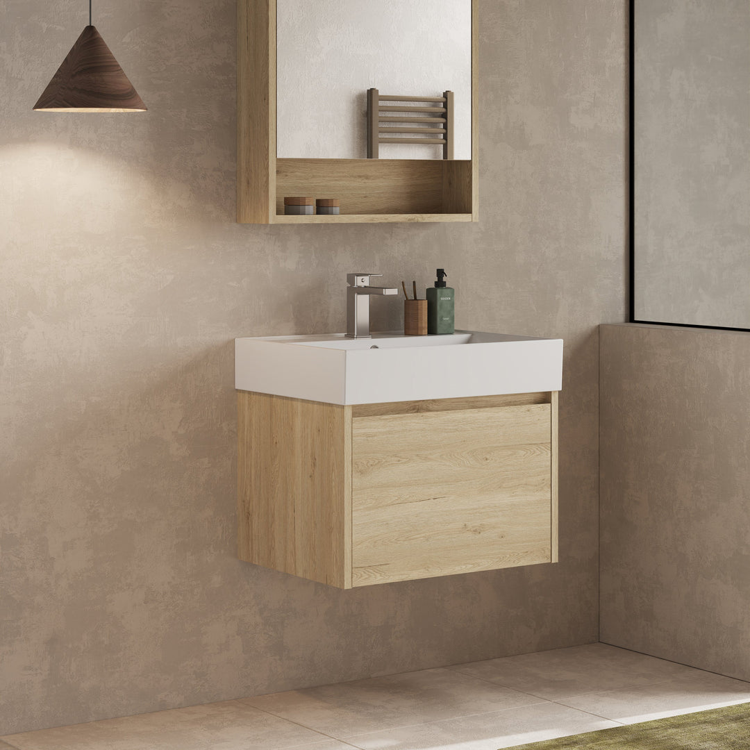 Mino 600mm 1 Drawer Wall Hung Vanity Unit – Natural Oak