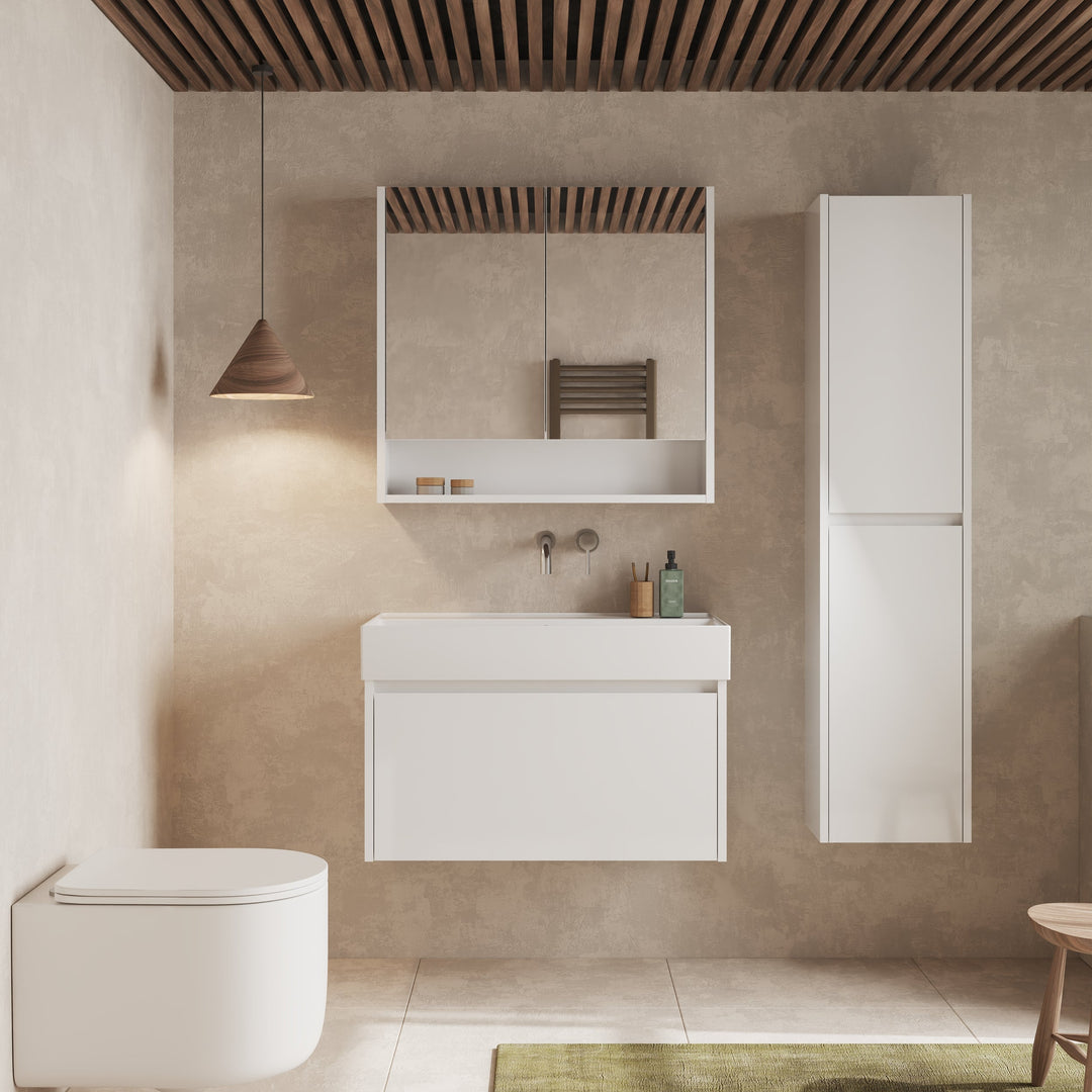 Vanity unit installed in a styled bathroom setting with Lira basin, mirror, and wall décor.