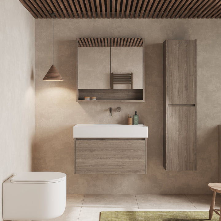 Mino 800 mm vanity in Nebraska Oak, ambient lighting highlighting grain and finish