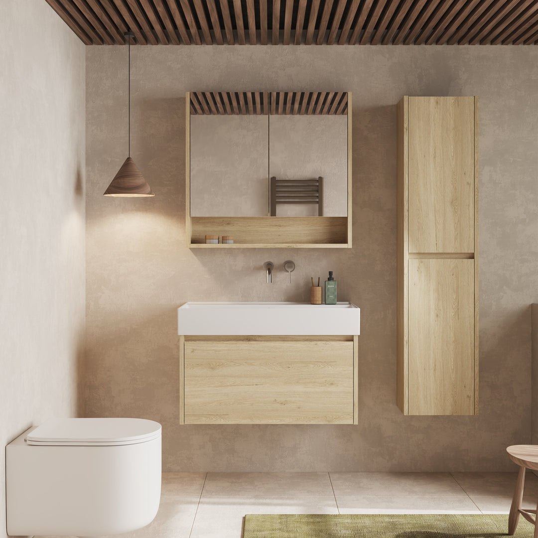 Lifestyle shot of the Mino 800mm vanity unit in a styled bathroom, highlighting its modern aesthetic.