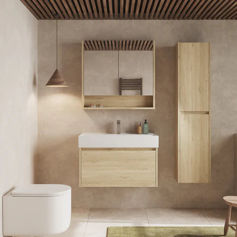 Angled view of the natural oak double-door mirror cabinet highlighting the wood texture and mirror edges