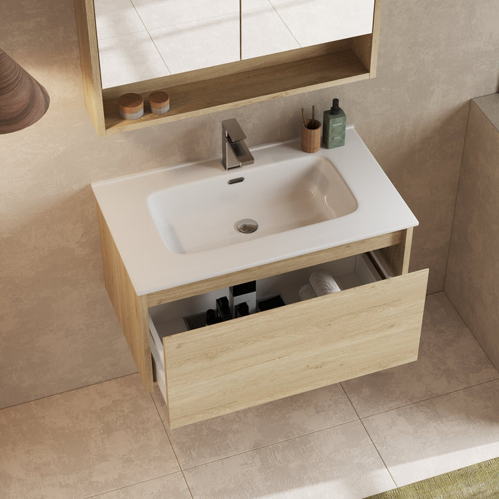 Close-up of the natural oak woodgrain finish, showcasing its texture and quality.
