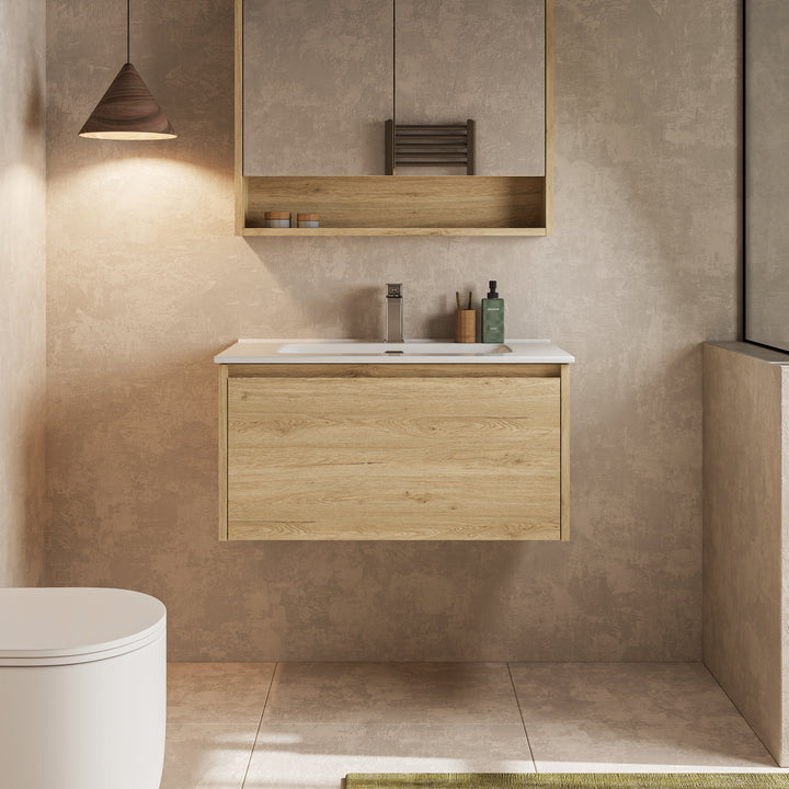 Mino 800mm 1 Drawer Wall Hung Vanity Unit – Natural Oak
