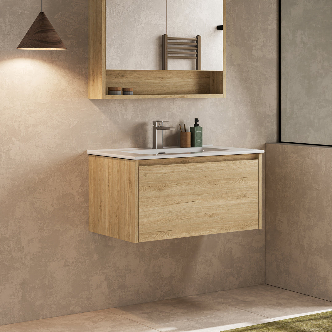 Mino 800mm 1 Drawer Wall Hung Vanity Unit – Natural Oak