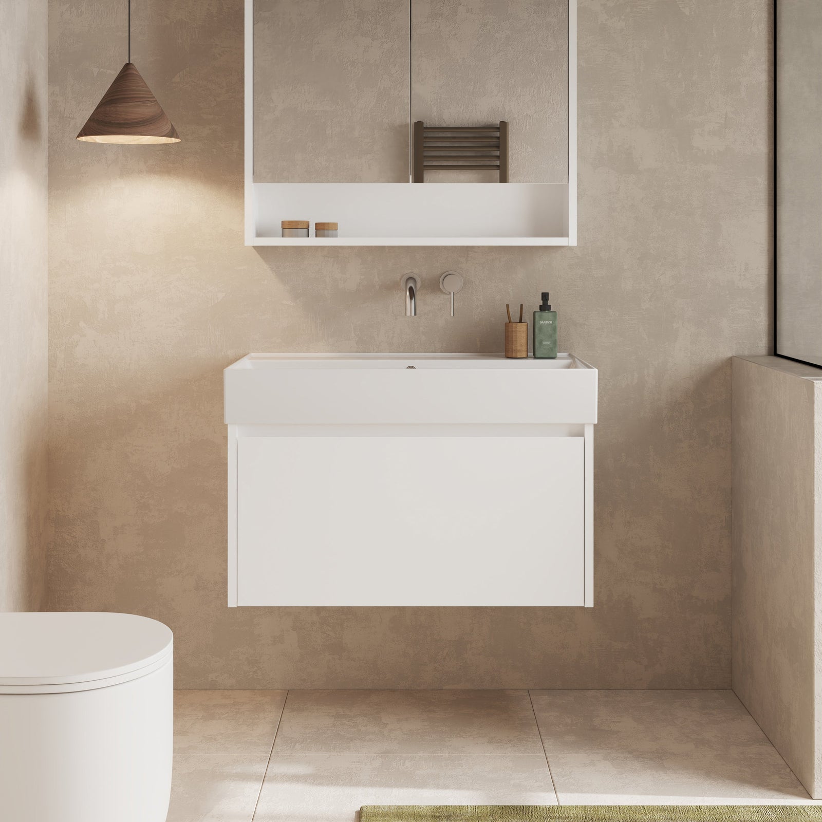 Angled view of the vanity unit showing gloss white finish and sleek lines of the drawer front.