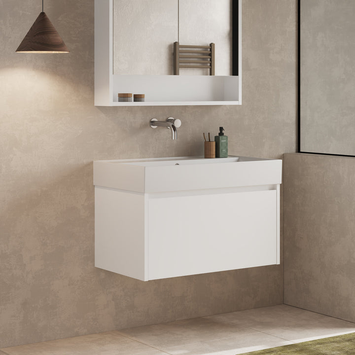 Side view of Mino 800mm wall hung vanity unit highlighting slim profile and wall mounting.