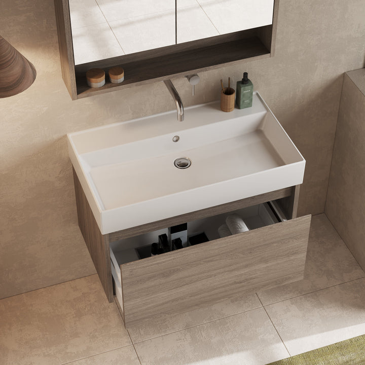 Close view of wood grain texture on Nebraska Oak finish of Mino vanity unit
