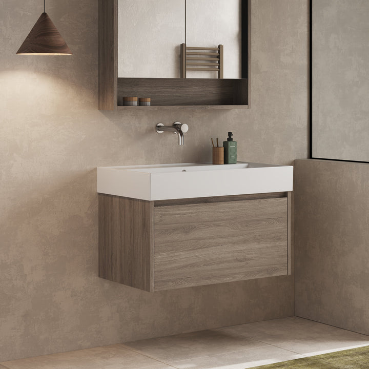 Mino 800 mm vanity unit Nebraska Oak with matching worktop, in a neutral bathroom setting