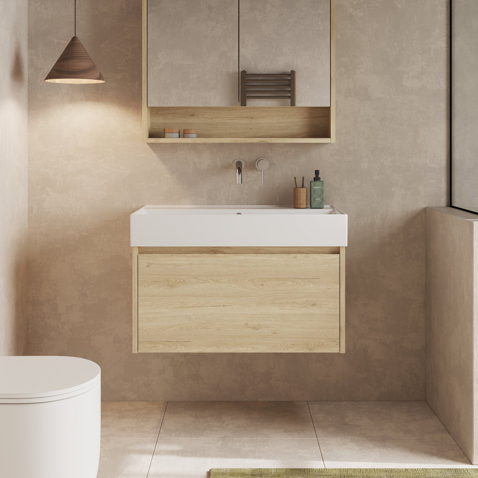 Angled view highlighting the sleek design and natural oak texture of the Mino 800mm vanity unit.