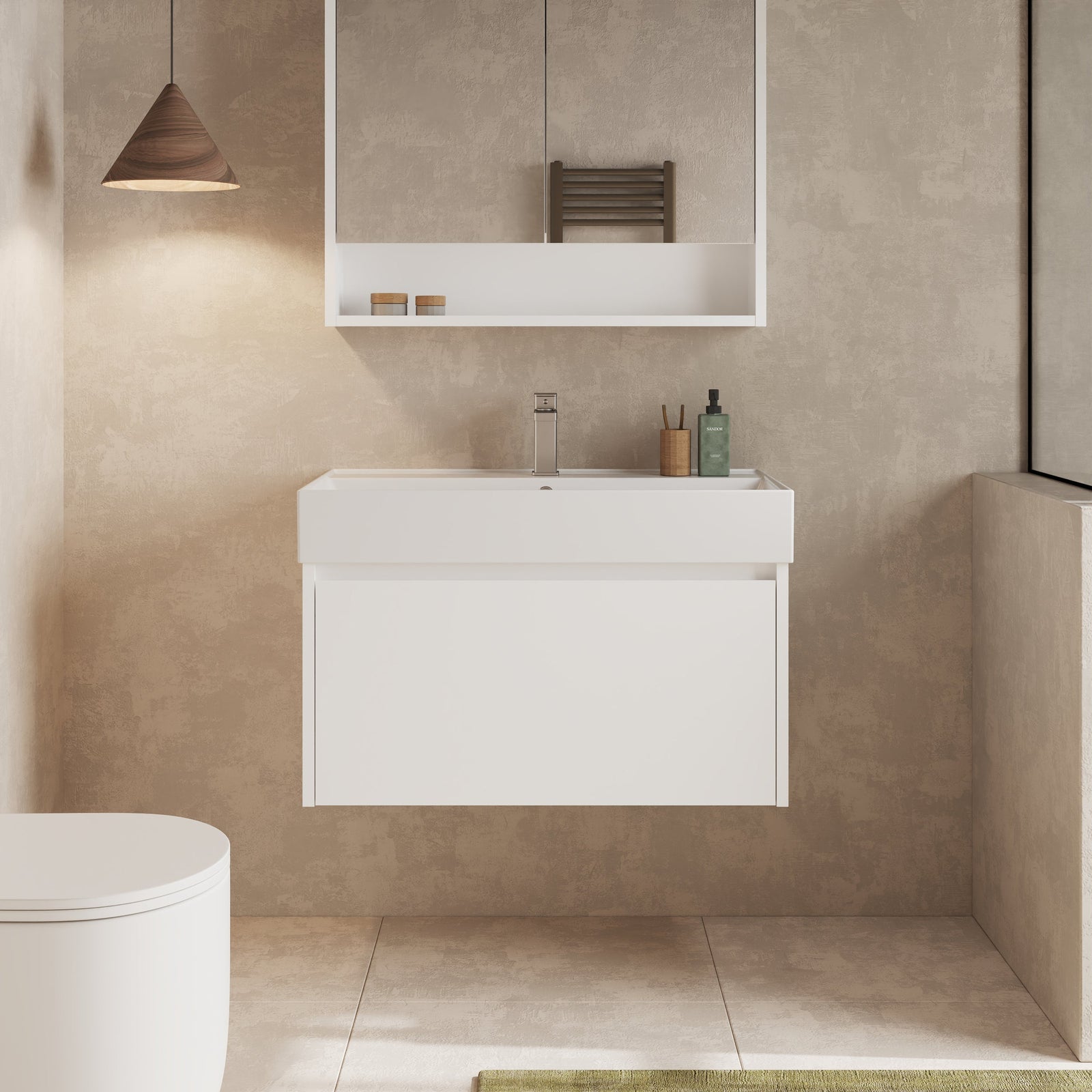 Front view of Banyetti Mino 800mm wall hung vanity unit in gloss white with Lira basin, drawer closed.