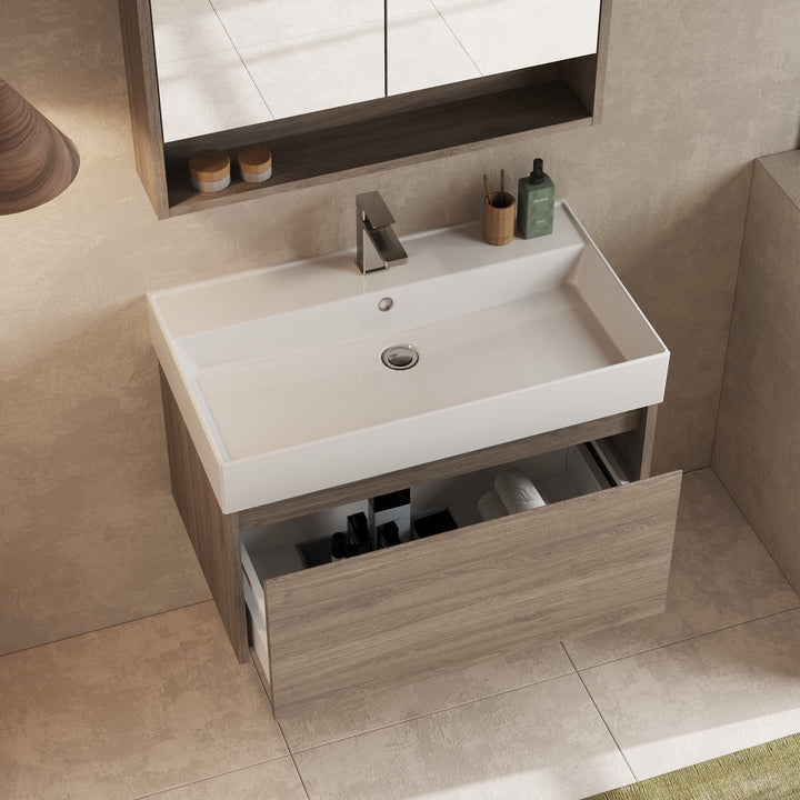 Vanity unit side-angle view: Mino 800 mm in Nebraska Oak floating off the floor