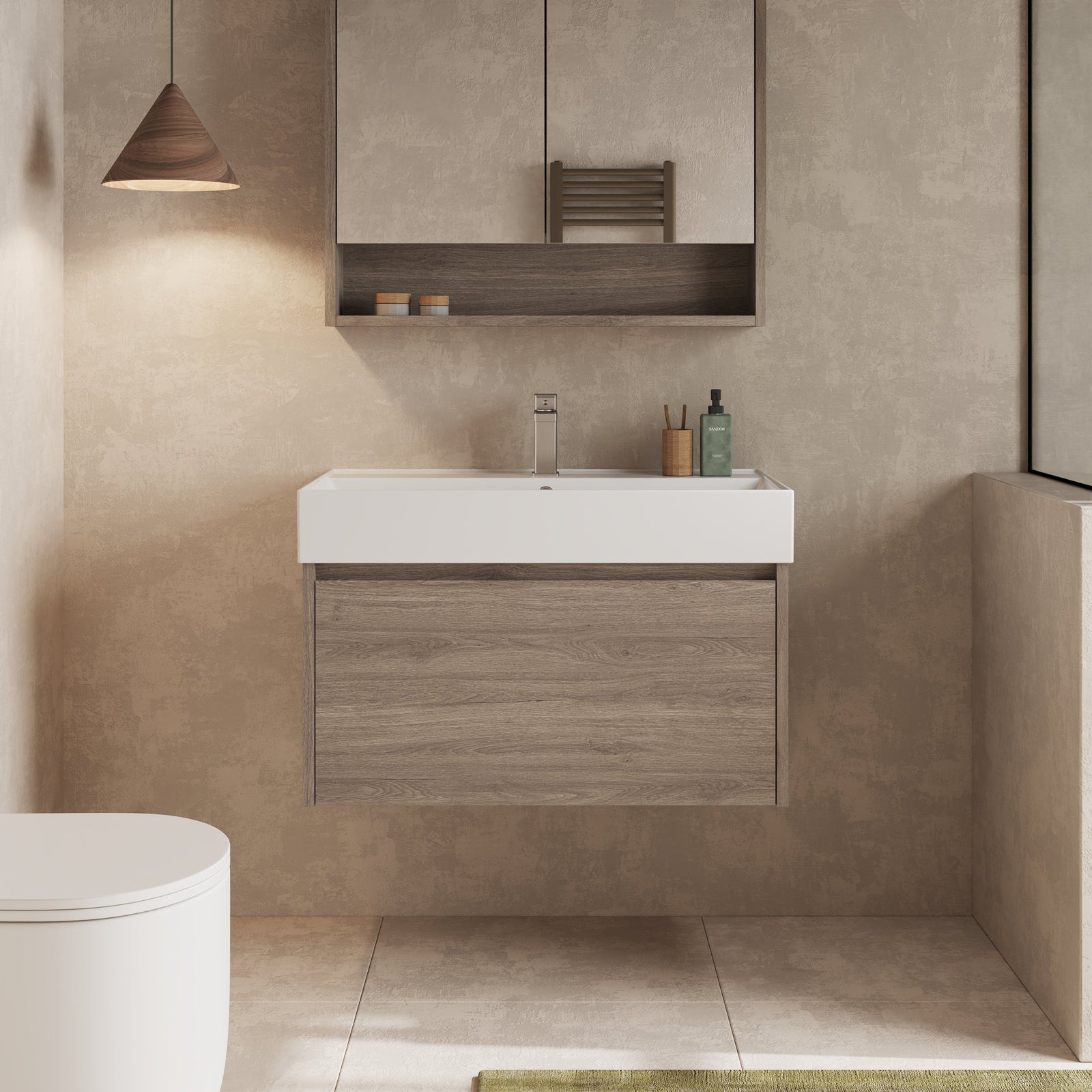 Front view of Mino 800mm wall hung vanity unit in Nebraska Oak with integrated white basin