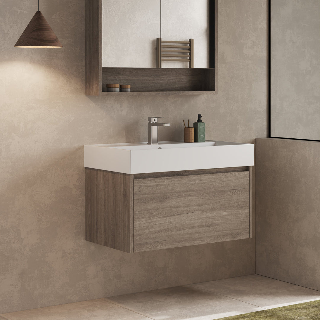 Top angle view of Mino 800mm vanity in Nebraska Oak, showing basin and drawer layout