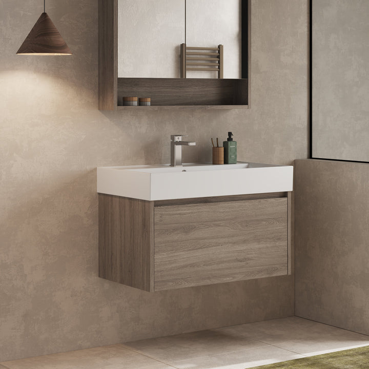 Top angle view of Mino 800mm vanity in Nebraska Oak, showing basin and drawer layout