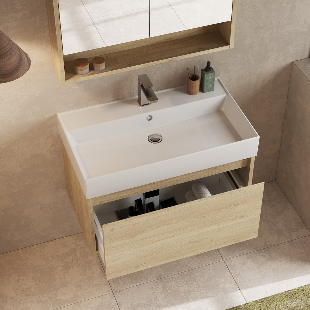 Back view of the wall hung vanity unit, showing the wall-mounting brackets and plumbing clearance.