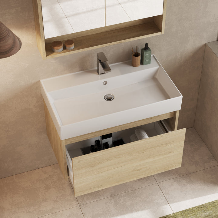 Back view of the wall hung vanity unit, showing the wall-mounting brackets and plumbing clearance.
