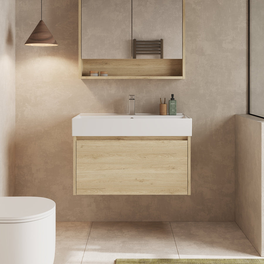 Front view of the Mino 800mm wall hung vanity unit in natural oak finish, showcasing the single drawer with inset handle.