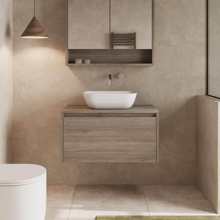Close-up of Mino vanity unit in Nebraska Oak, drawer slightly open to show interior space
