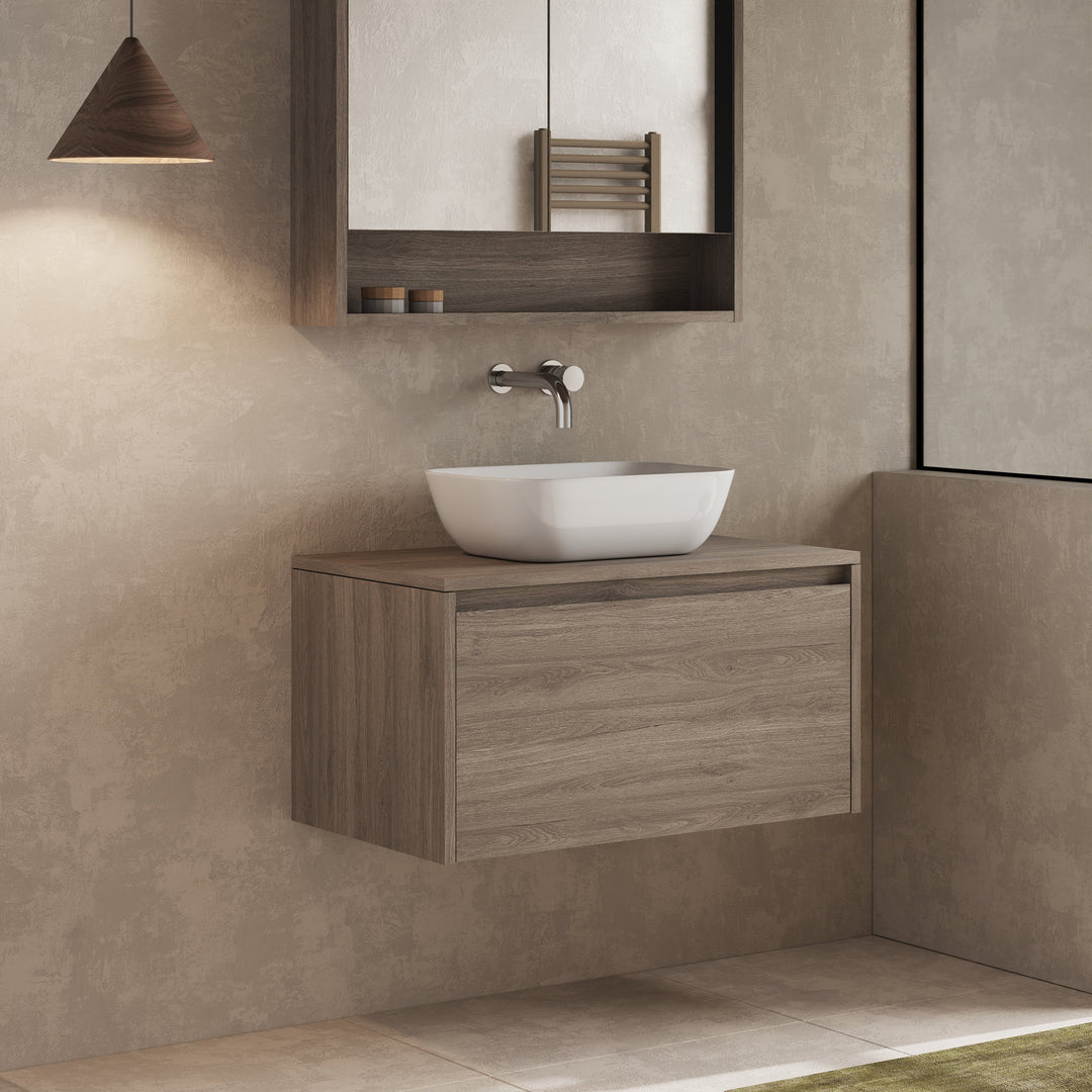 Mino Nebraska Oak vanity, drawer open, showing internal storage and metal runners
