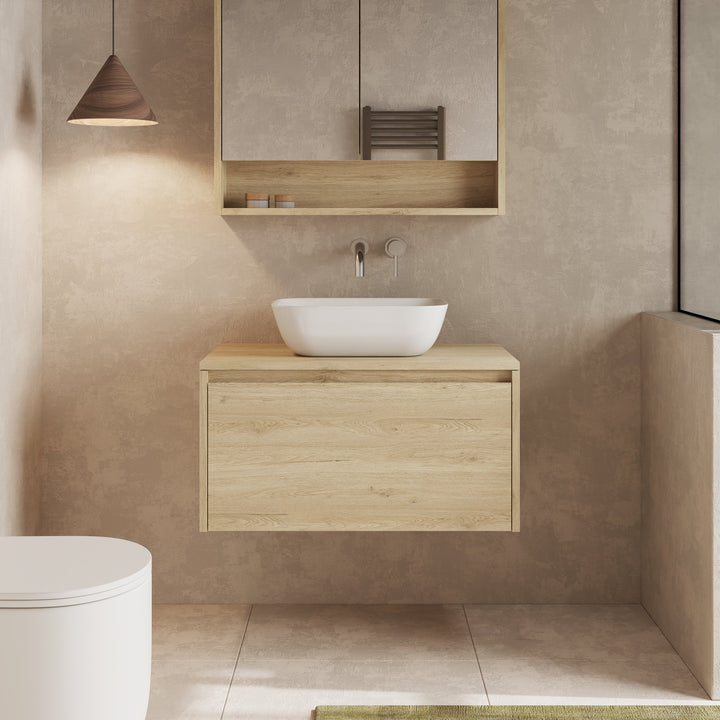 Side profile of the Mino 800mm wall hung vanity unit, emphasizing its slim depth and wall-mounted design.