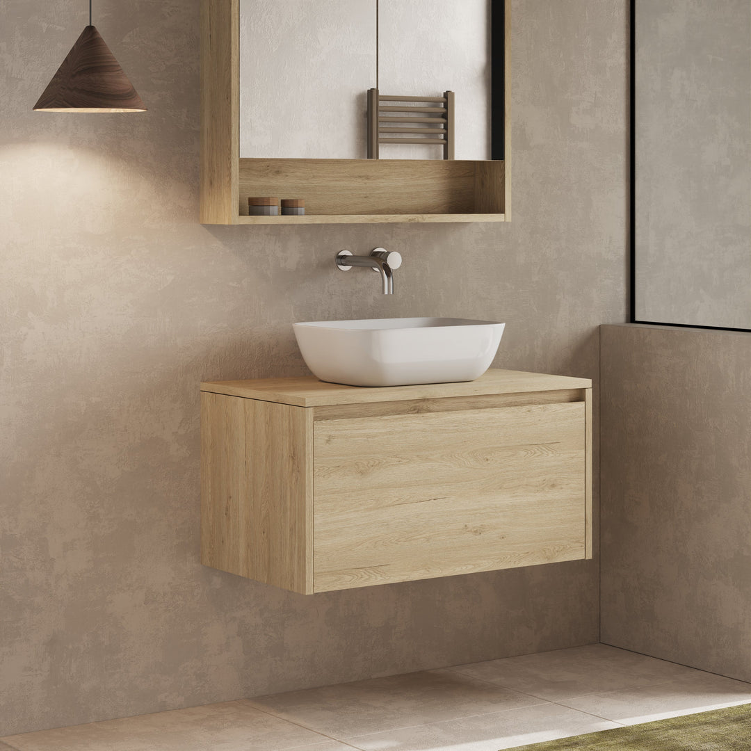 Close-up of the inset handle on the Mino 800mm vanity unit, highlighting its minimalist design.