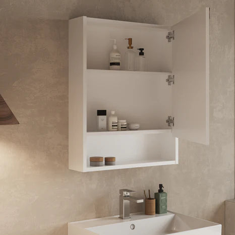 Interior view of Banyetti mirror cabinet with door open, showing shelving and storage space