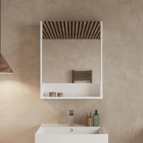 Gloss white Banyetti Mino single-door bathroom mirror cabinet mounted on wall above sink