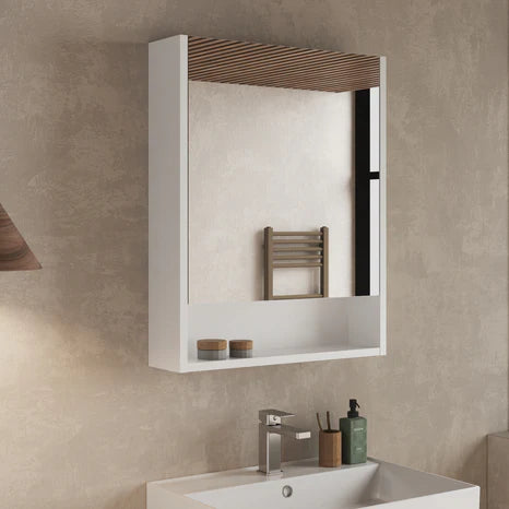Close-up angled view of Banyetti Mino mirror cabinet showing door and shelf