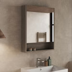 Angled view of the Nebraska Oak mirror cabinet showing wood grain texture and mirror door